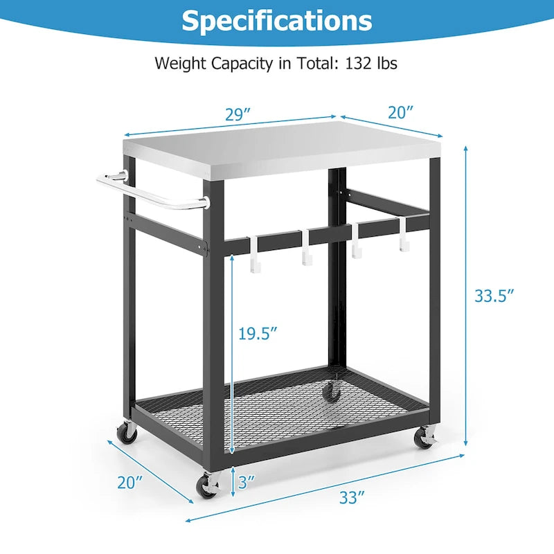 Gymax 2-tier Stainless Steel Grill Cart w/ Wheels & Handle 4 Hooks