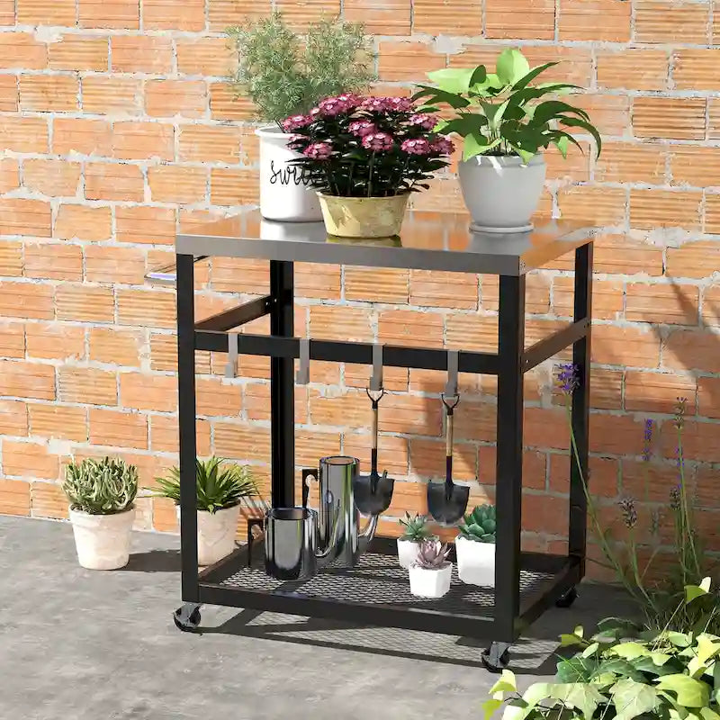 Gymax 2-tier Stainless Steel Grill Cart w/ Wheels & Handle 4 Hooks