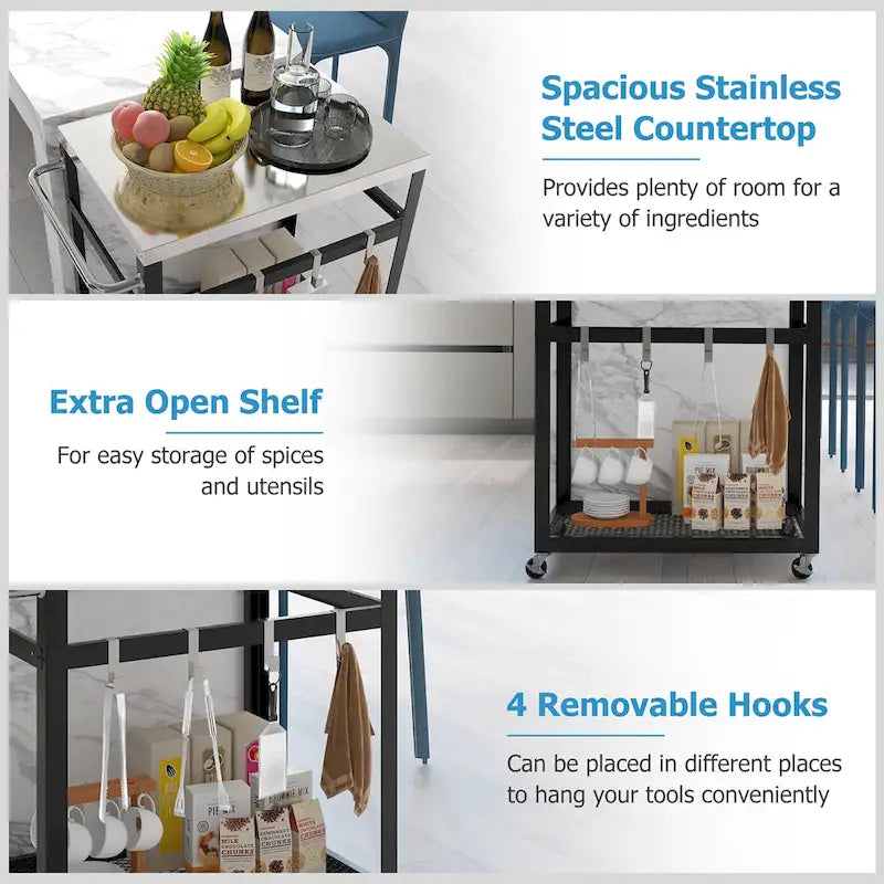 Gymax 2-tier Stainless Steel Grill Cart w/ Wheels & Handle 4 Hooks