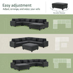 128 Chenille U-Shaped Sectional Sofa with Ottoman, 6-Seater Couch Set and Hidden Storage, USB Charging & Cup Holders