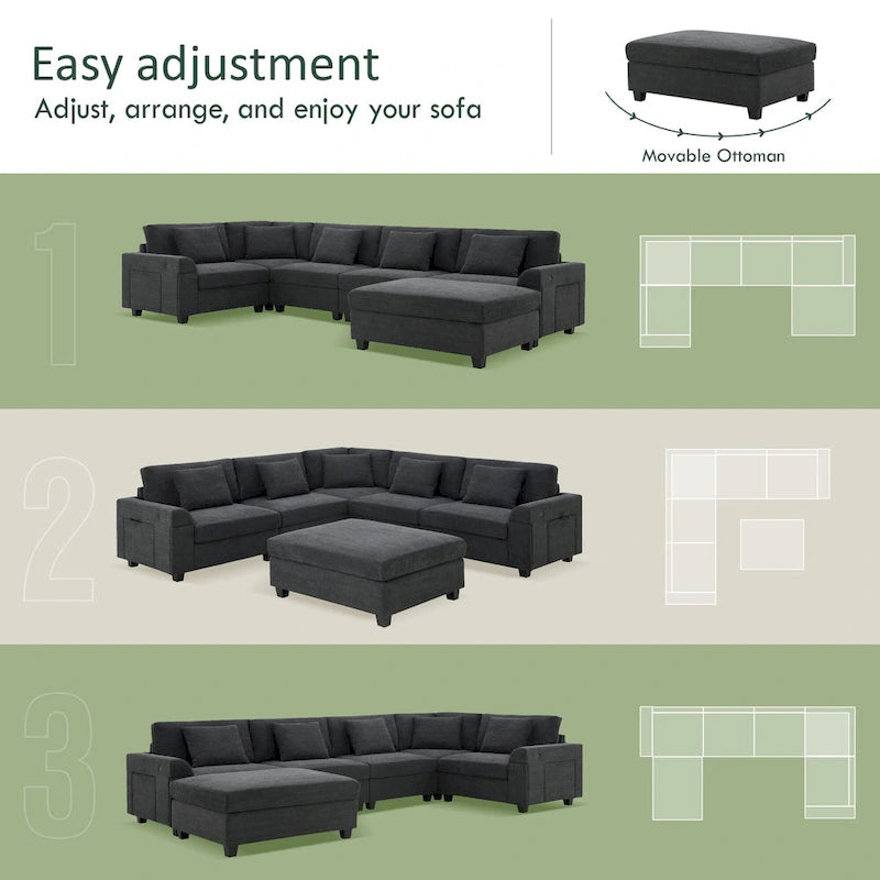 128 Chenille U-Shaped Sectional Sofa with Ottoman, 6-Seater Couch Set and Hidden Storage, USB Charging & Cup Holders