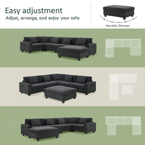 128 Chenille U-Shaped Sectional Sofa with Ottoman, 6-Seater Couch Set and Hidden Storage, USB Charging & Cup Holders