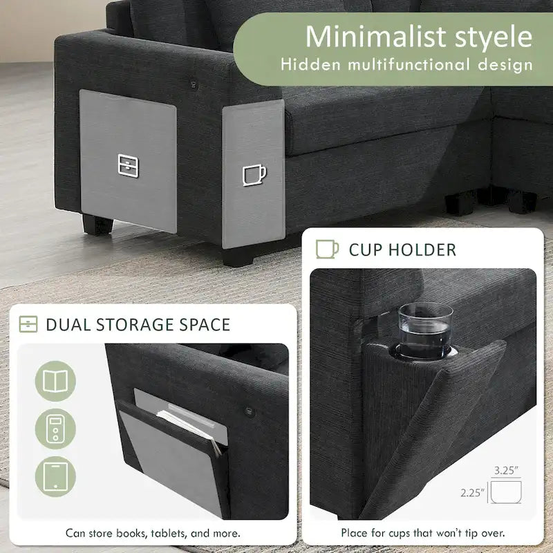 128 Chenille U-Shaped Sectional Sofa with Ottoman, 6-Seater Couch Set and Hidden Storage, USB Charging & Cup Holders