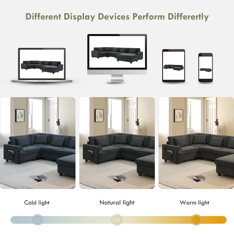 128 Chenille U-Shaped Sectional Sofa with Ottoman, 6-Seater Couch Set and Hidden Storage, USB Charging & Cup Holders