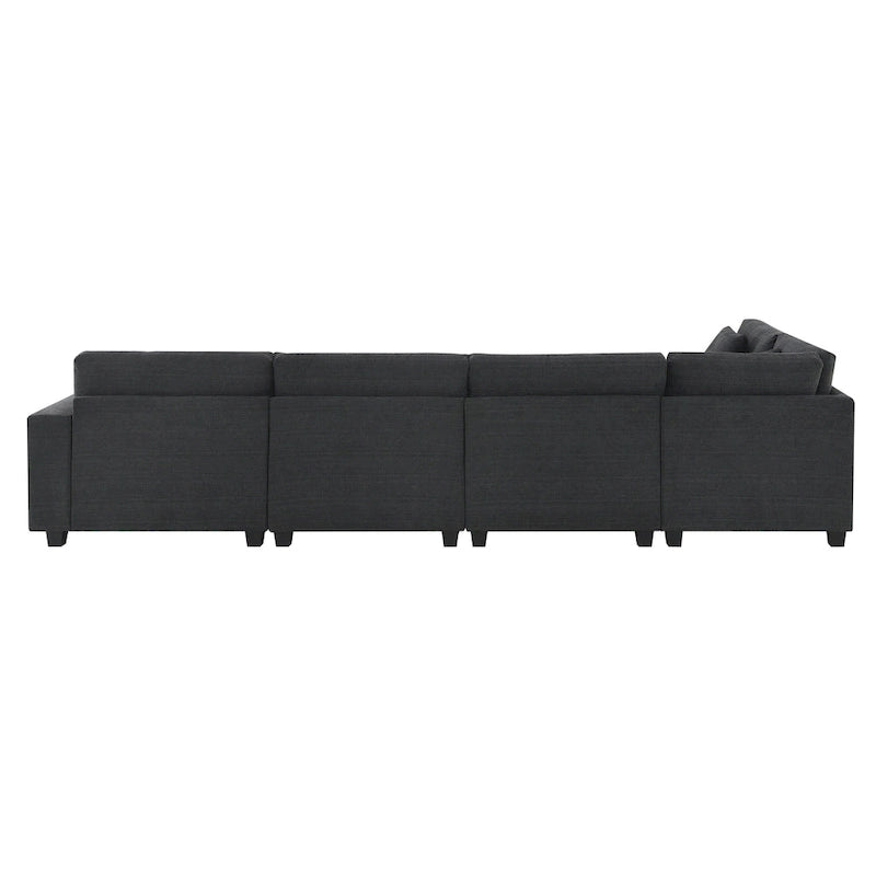 128 Chenille U-Shaped Sectional Sofa with Ottoman, 6-Seater Couch Set and Hidden Storage, USB Charging & Cup Holders