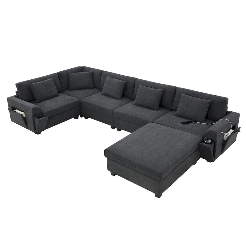 128 Chenille U-Shaped Sectional Sofa with Ottoman, 6-Seater Couch Set and Hidden Storage, USB Charging & Cup Holders