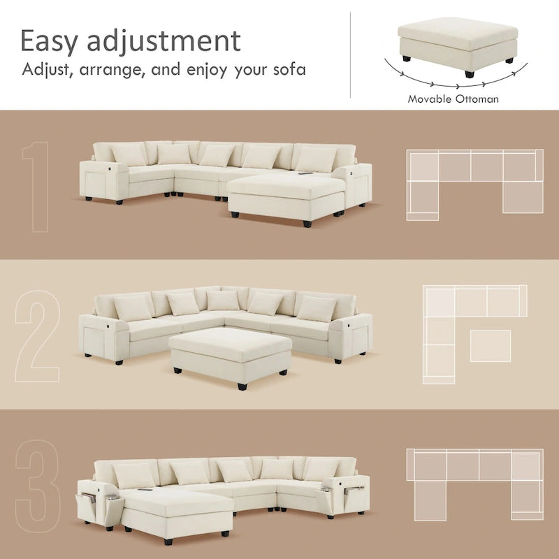 128 Chenille U-Shaped Sectional Sofa with Ottoman, 6-Seater Couch Set and Hidden Storage, USB Charging & Cup Holders