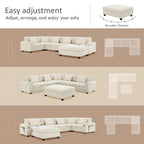 128 Chenille U-Shaped Sectional Sofa with Ottoman, 6-Seater Couch Set and Hidden Storage, USB Charging & Cup Holders