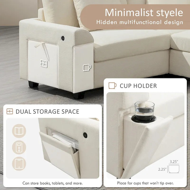 128 Chenille U-Shaped Sectional Sofa with Ottoman, 6-Seater Couch Set and Hidden Storage, USB Charging & Cup Holders