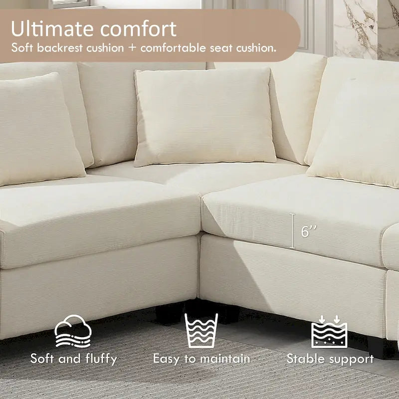 128 Chenille U-Shaped Sectional Sofa with Ottoman, 6-Seater Couch Set and Hidden Storage, USB Charging & Cup Holders