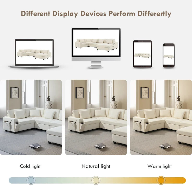 128 Chenille U-Shaped Sectional Sofa with Ottoman, 6-Seater Couch Set and Hidden Storage, USB Charging & Cup Holders