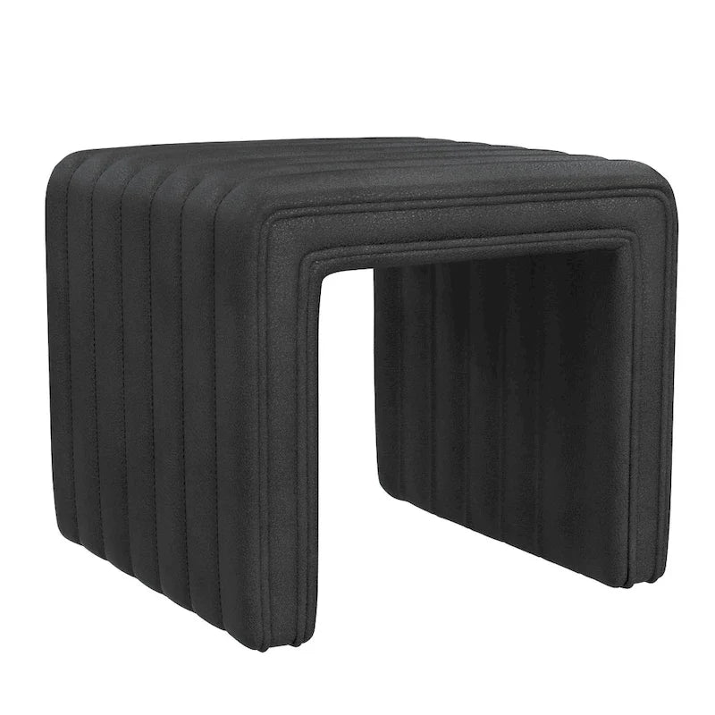 Ada Footstool Ottoman, Channel Tufted Black Faux Leather, 19 Inch
