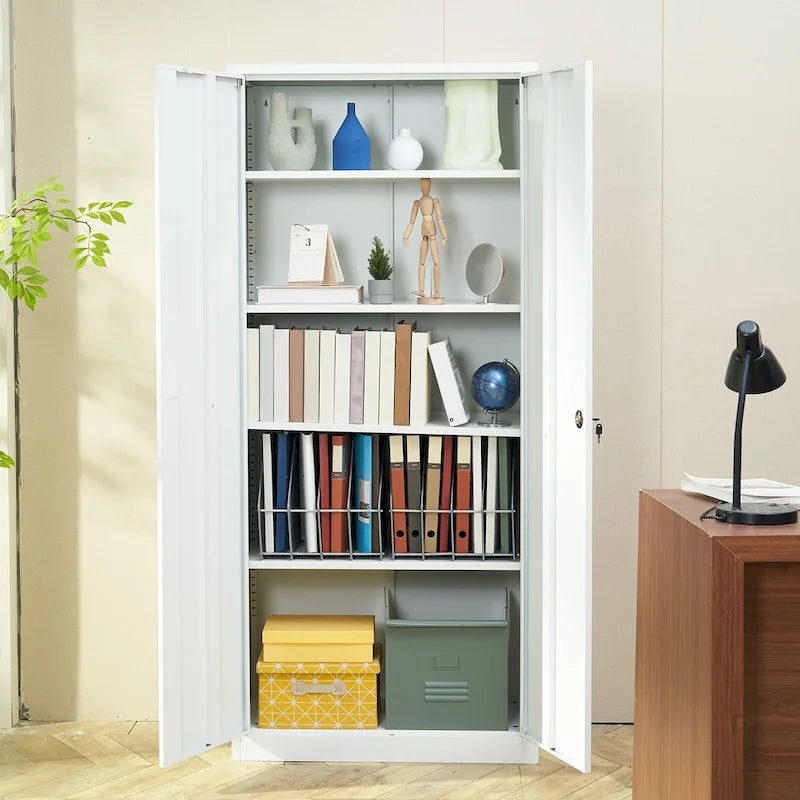 75 Inch Locking Metal Storage Cabinet with 4 Adjustable Shelves and 2 Magnetic Doors