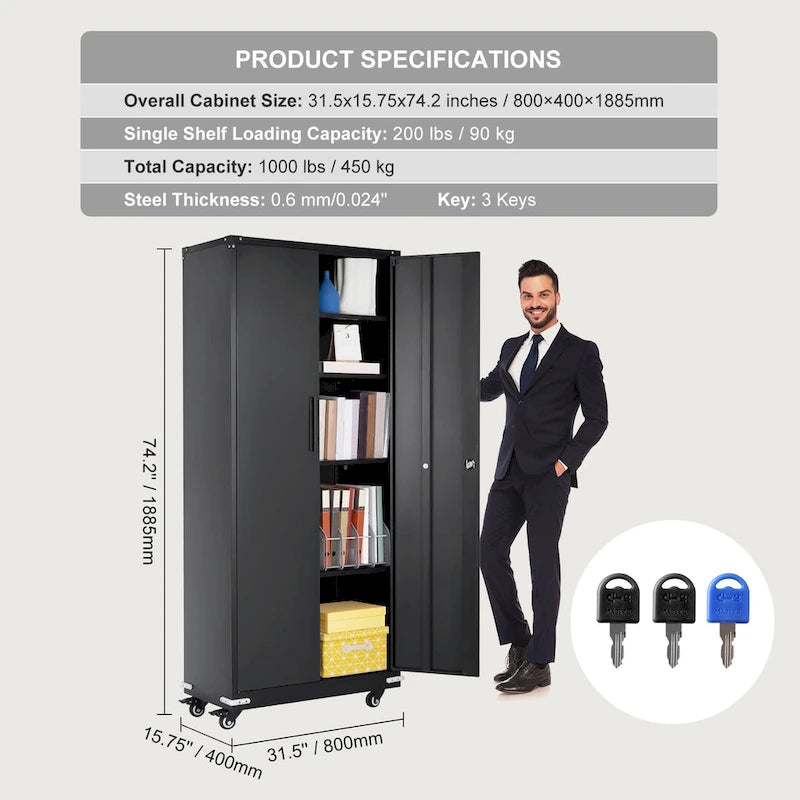 75 Inch Locking Metal Storage Cabinet with 4 Adjustable Shelves and 2 Magnetic Doors