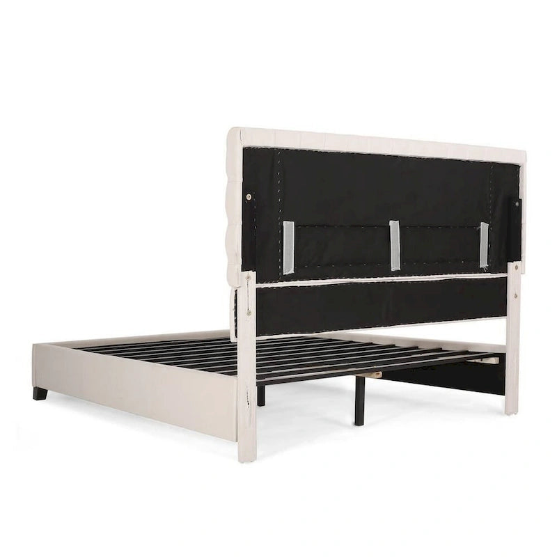 Amare Platform Queen Size Bed, Ivory White Polyester, Button Tufting