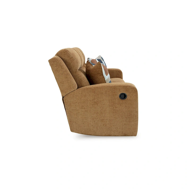 Damon Manual Reclining Sofa, Camel Brown Polyester, 2 Pillows, 86 Inch