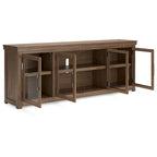 Olaf TV Media Console, 4 Glass Doors, Shelves, Brown Wood 85 Inch