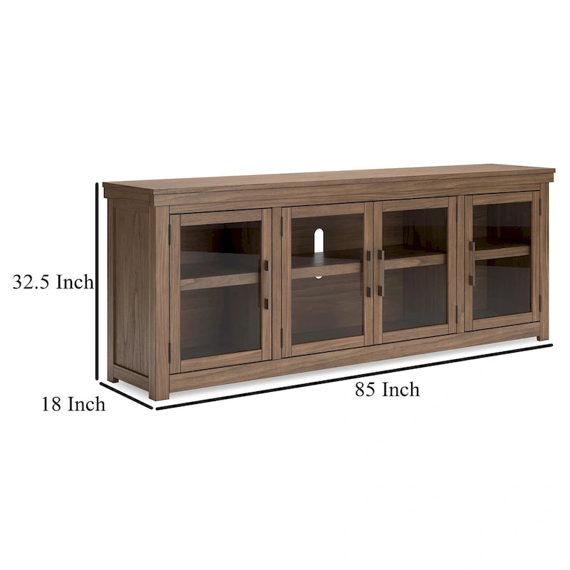 Olaf TV Media Console, 4 Glass Doors, Shelves, Brown Wood 85 Inch