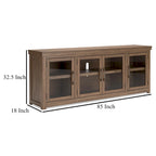 Olaf TV Media Console, 4 Glass Doors, Shelves, Brown Wood 85 Inch