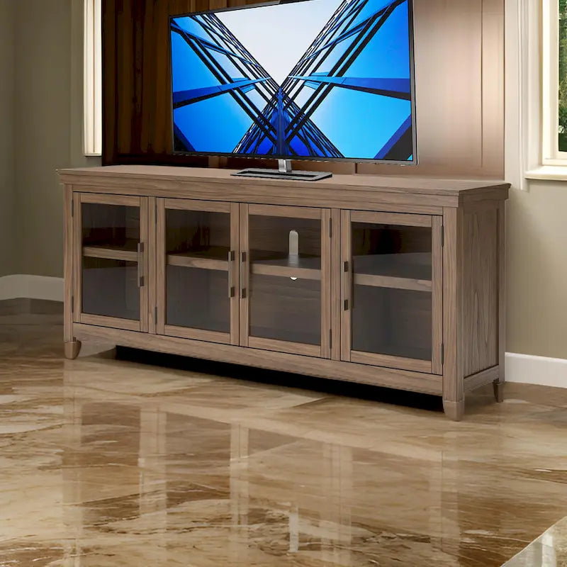 Olaf TV Media Console, 4 Glass Doors, Shelves, Brown Wood 85 Inch