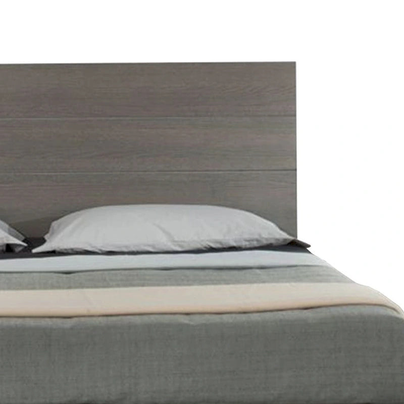 Leen King Size Platform Bed, Black Metal Legs, Gray Panel Headboard