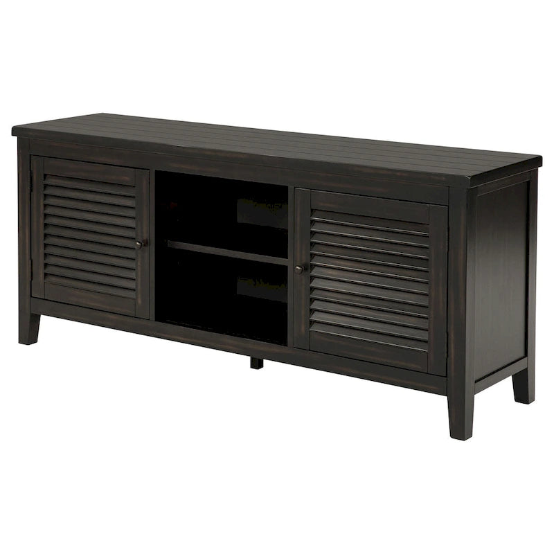 Coni TV Stand Media Cabinet, 2 Door and Shelves, Black Wood 60 Inch