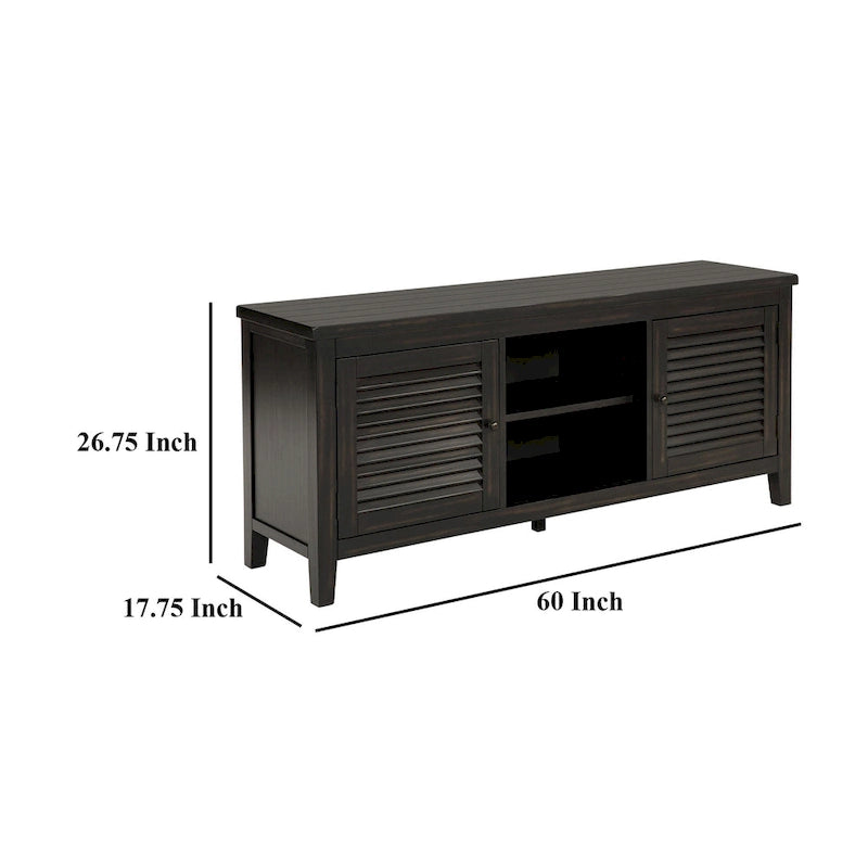 Coni TV Stand Media Cabinet, 2 Door and Shelves, Black Wood 60 Inch