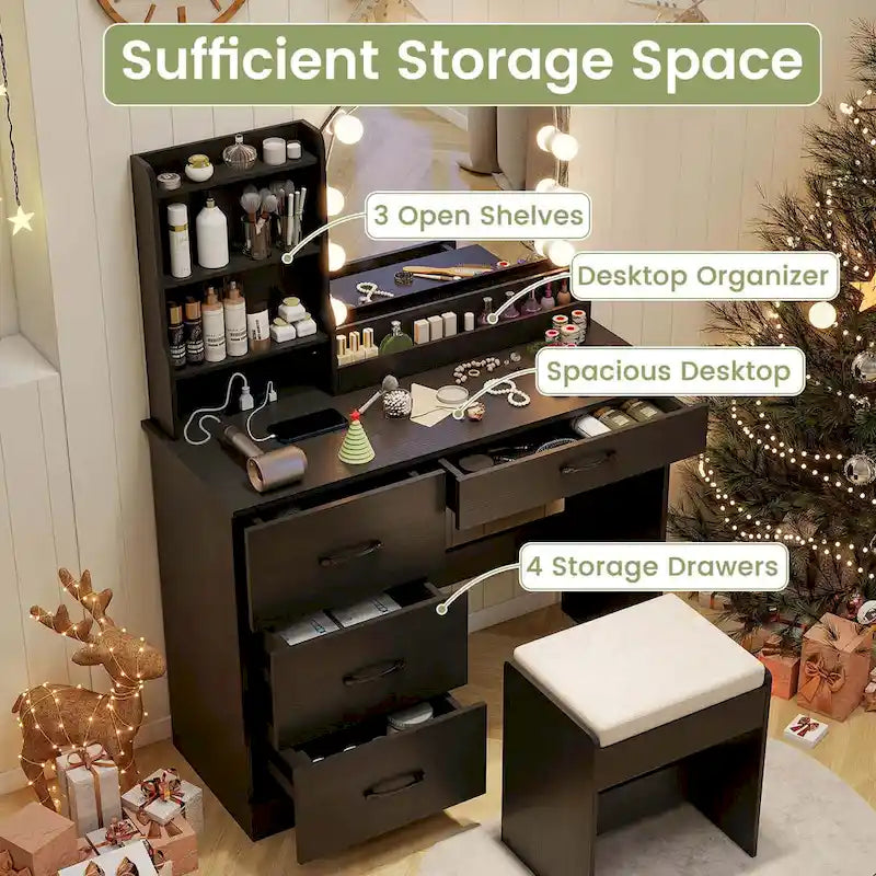 Costway Vanity Set with Mirror and Lights Dressing Table and Chair 4 - See Details