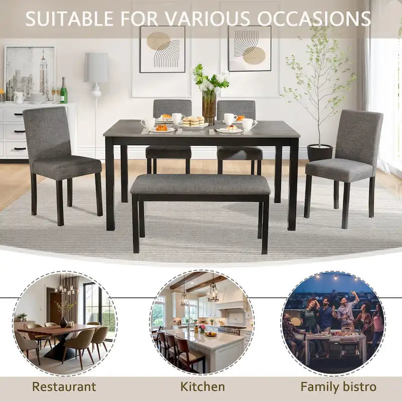 6 Piece Dining Table Set, Wooden Dining Table Set with Rectangular Dining Table, Bench and 4 Upholstered Chairs