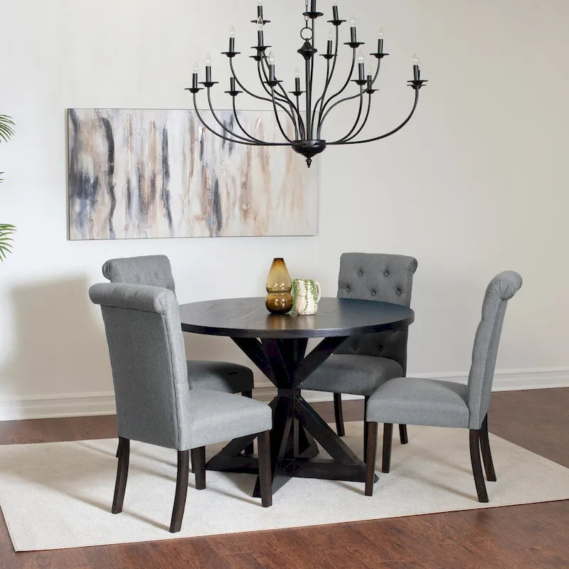 5 Piece Round Dining Table Set, Dining Room Furniture Set with Cross-Buck Dining Table and 4 Upholstered Chairs