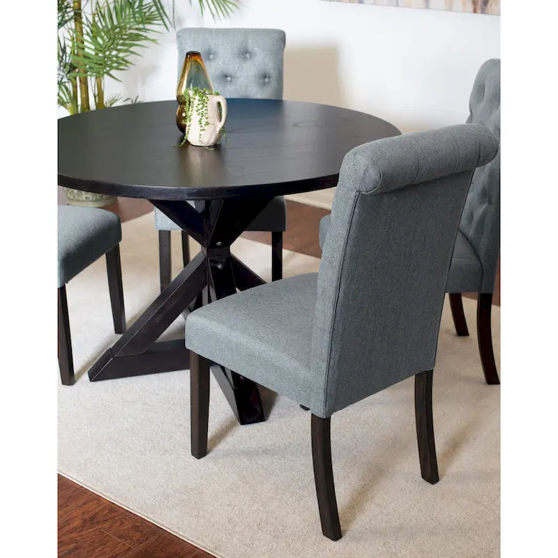 5 Piece Round Dining Table Set, Dining Room Furniture Set with Cross-Buck Dining Table and 4 Upholstered Chairs