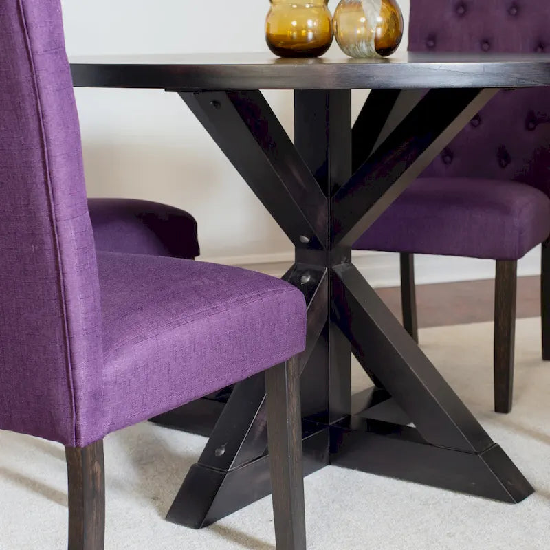 5 Piece Round Dining Table Set, Dining Room Furniture Set with Cross-Buck Dining Table and 4 Upholstered Chairs