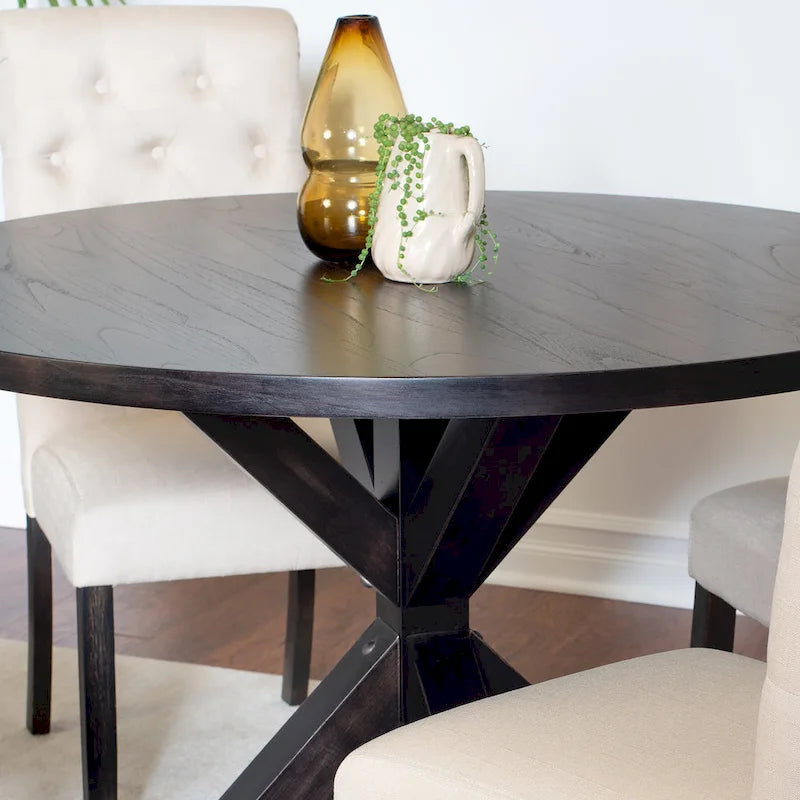 5 Piece Round Dining Table Set, Dining Room Furniture Set with Cross-Buck Dining Table and 4 Upholstered Chairs