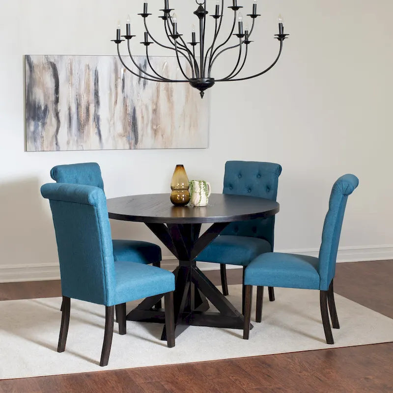 5 Piece Round Dining Table Set, Dining Room Furniture Set with Cross-Buck Dining Table and 4 Upholstered Chairs