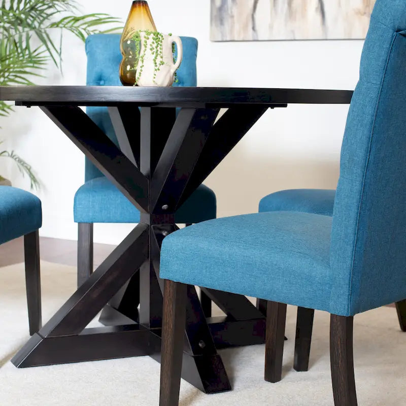 5 Piece Round Dining Table Set, Dining Room Furniture Set with Cross-Buck Dining Table and 4 Upholstered Chairs