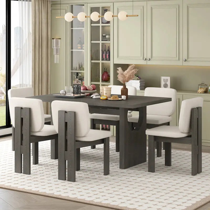 7 Piece Dining Table Set, Solid Wood Kitchen Table Set with Rectangular Table, Designed Trestle Base and 6 Upholstered Chairs