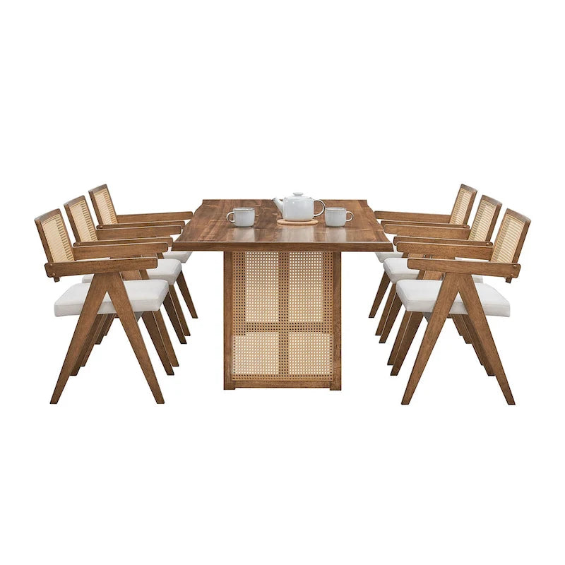 7 Piece Wooden Dining Table and Chairs Set, Rattan Kitchen Table Set with Rectangular Dining Table and 6 Chairs