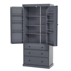 Kitchen Pantry Cabinet with 8 Doors Shelves, Wood Storage Cabinet with 3 Storage Drawers, Cupboard with Adjustable Shelves