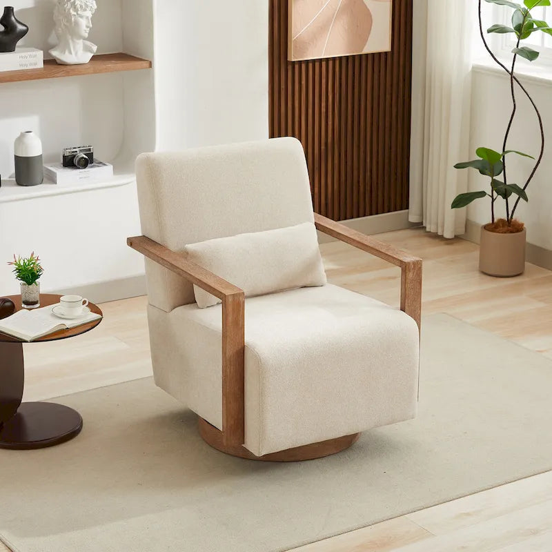 360 Degree Swivel Accent Chair with Solid Wood Armrest and Base
