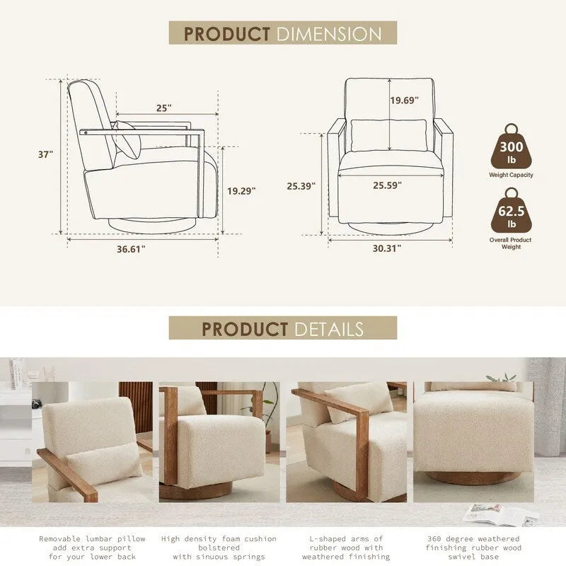 360 Degree Swivel Accent Chair with Solid Wood Armrest and Base