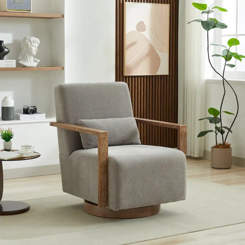 360 Degree Swivel Accent Chair with Solid Wood Armrest and Base