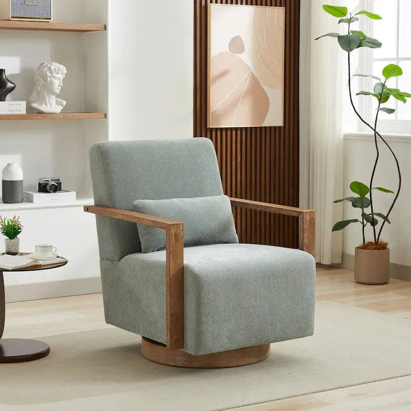 360 Degree Swivel Accent Chair with Solid Wood Armrest and Base