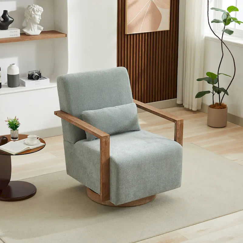 360 Degree Swivel Accent Chair with Solid Wood Armrest and Base