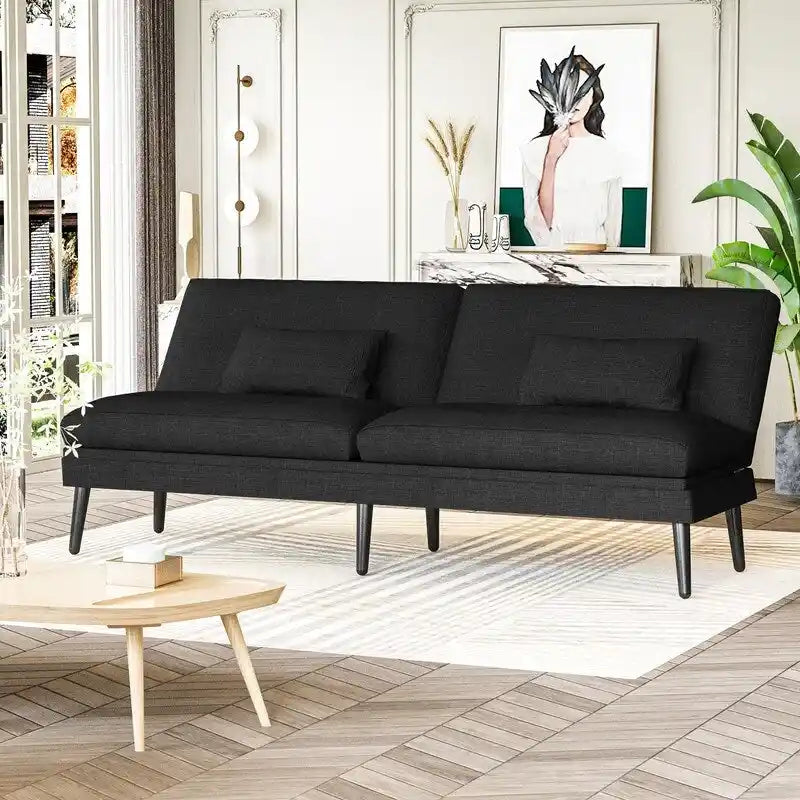 Grondin Convertible Futon Sofa Bed, 5-Angle Adjustable Backrest Sleeper Couch with 2 Pillows, Modern Style Recliner Lounge