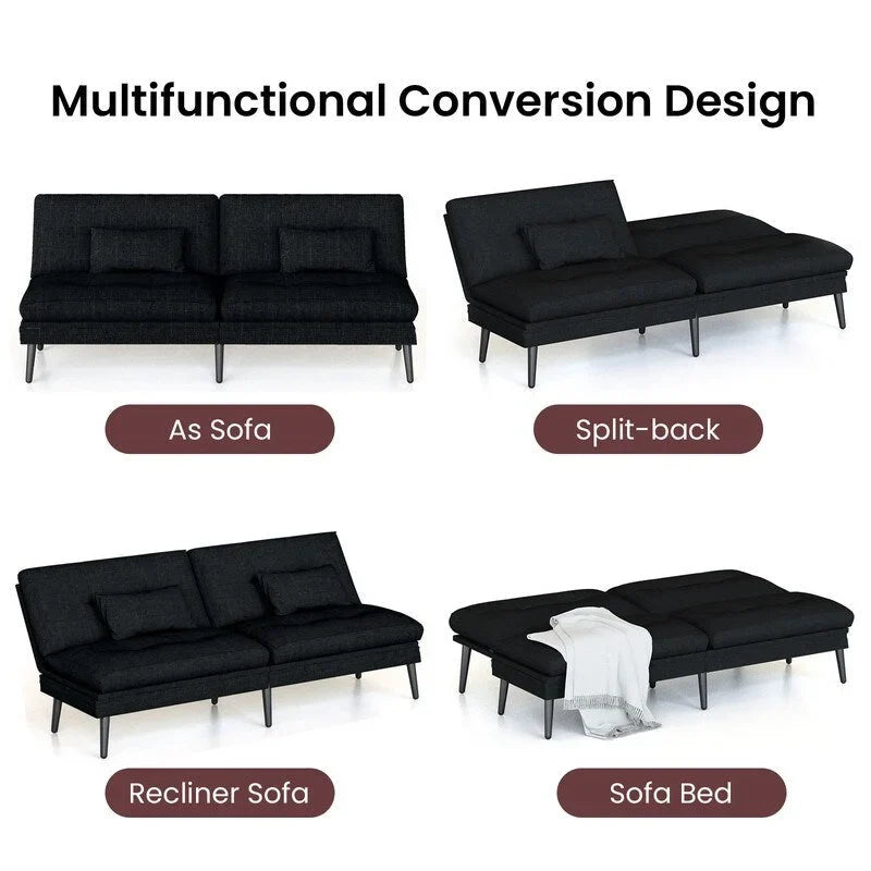 Grondin Convertible Futon Sofa Bed, 5-Angle Adjustable Backrest Sleeper Couch with 2 Pillows, Modern Style Recliner Lounge