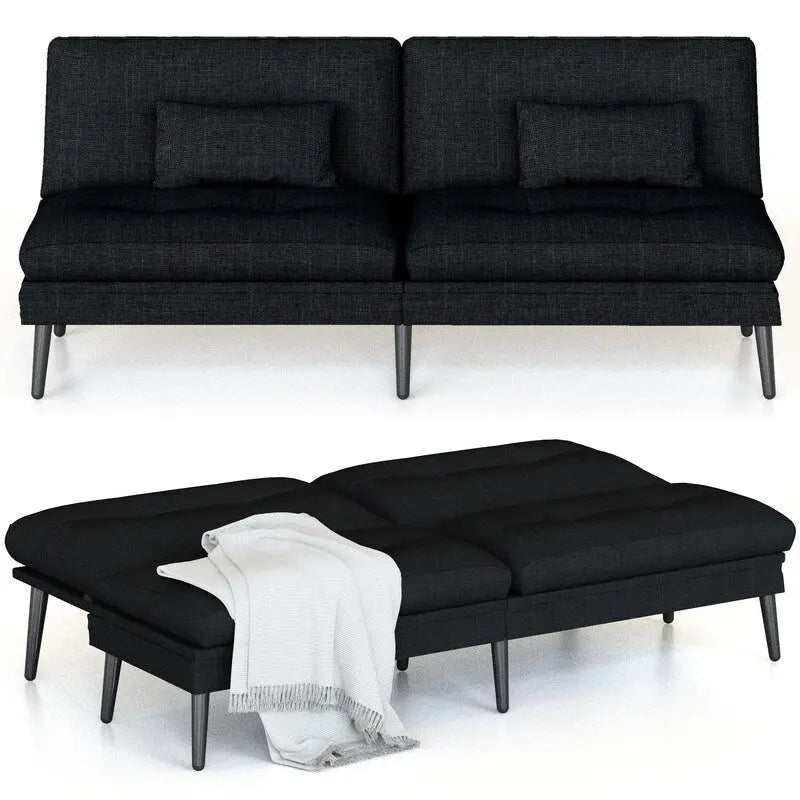 Grondin Convertible Futon Sofa Bed, 5-Angle Adjustable Backrest Sleeper Couch with 2 Pillows, Modern Style Recliner Lounge