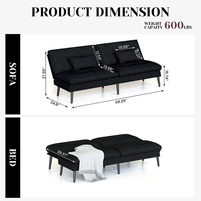 Grondin Convertible Futon Sofa Bed, 5-Angle Adjustable Backrest Sleeper Couch with 2 Pillows, Modern Style Recliner Lounge