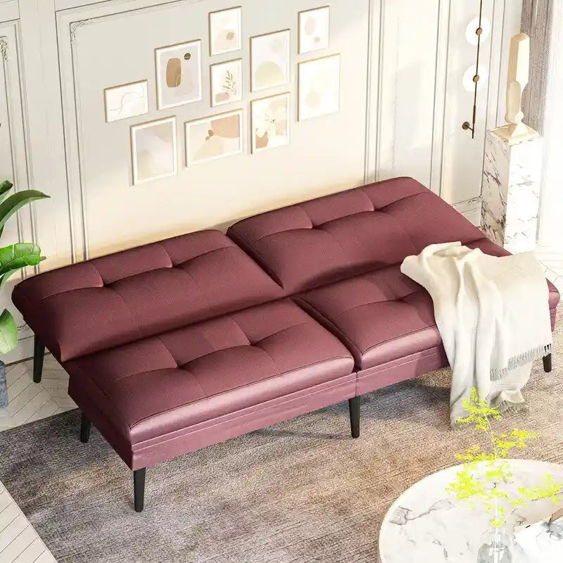 Grondin Convertible Futon Sofa Bed, 5-Angle Adjustable Backrest Sleeper Couch with 2 Pillows, Modern Style Recliner Lounge