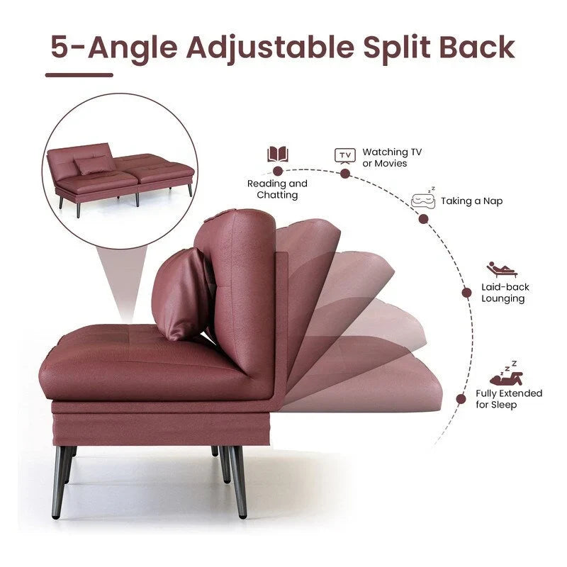 Grondin Convertible Futon Sofa Bed, 5-Angle Adjustable Backrest Sleeper Couch with 2 Pillows, Modern Style Recliner Lounge
