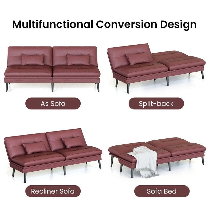 Grondin Convertible Futon Sofa Bed, 5-Angle Adjustable Backrest Sleeper Couch with 2 Pillows, Modern Style Recliner Lounge